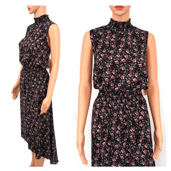 NWT Nanette Lepore Black Pink Ditsy Floral Smocked Neck Midi Dress 8 Hi-Low Hem - Picture 2 of 13